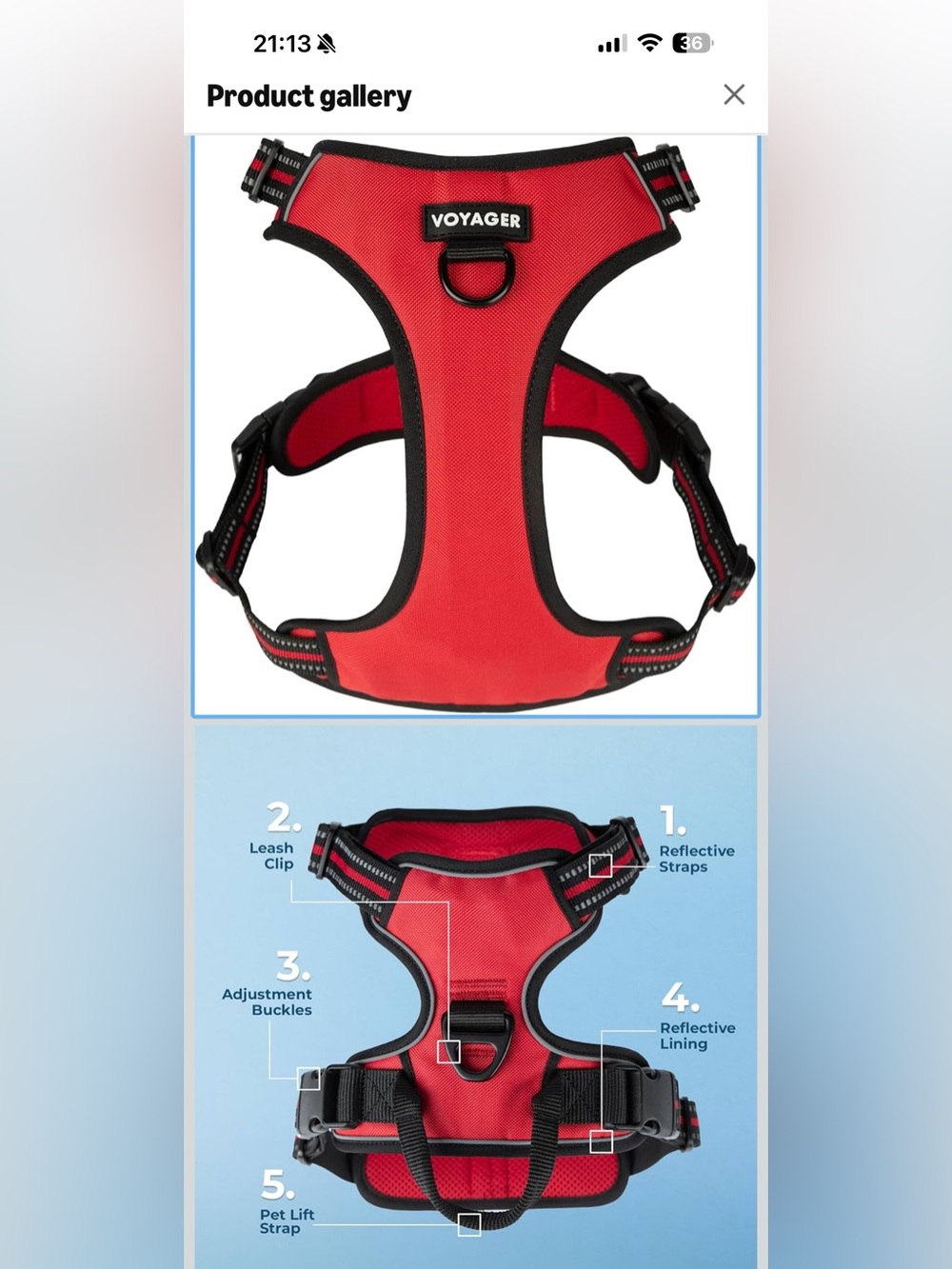 Amazon Voyager Red and Black Padded Dog Harness with Reflective Trim